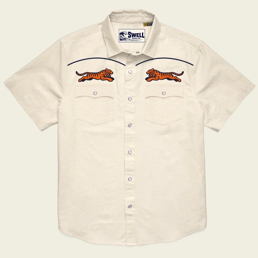 Product rendering of the cream Flying Tiger Pearl Snap shirt.