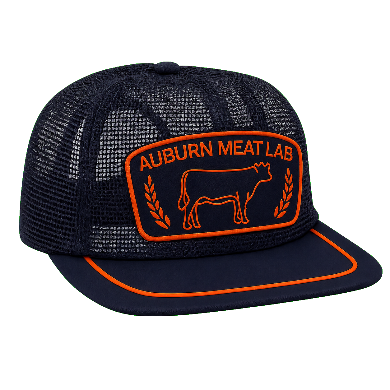 Black and orange Meat Lab trucker cap.