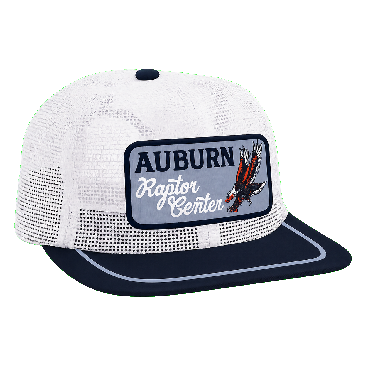 White and navy Raptor Center trucker cap.